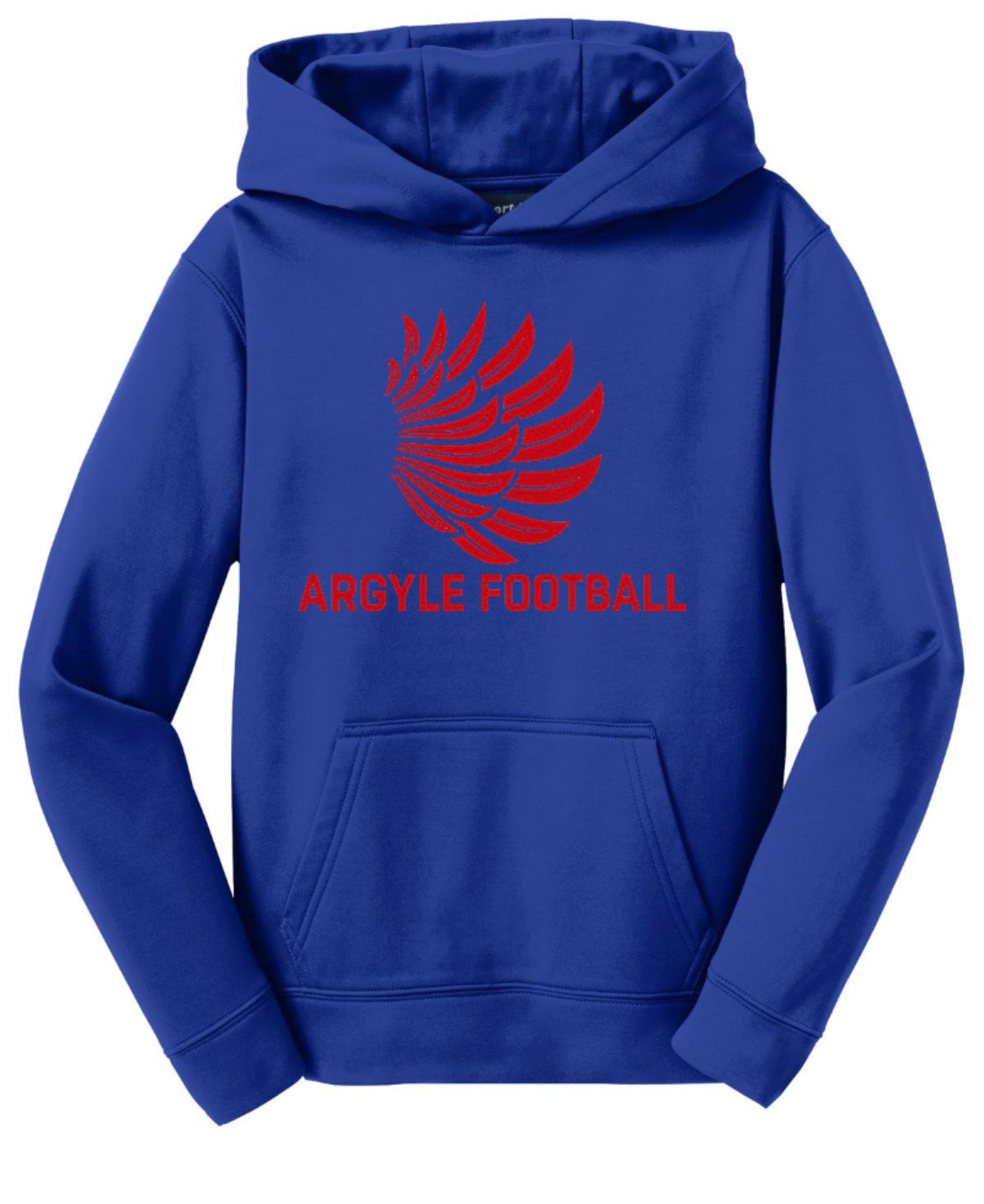 ARGYLEfootball WINGS Sport-Tek Sport-Wick Fleece Hooded Sweatshirt - Youth + Adult - True Royal Blue/Red