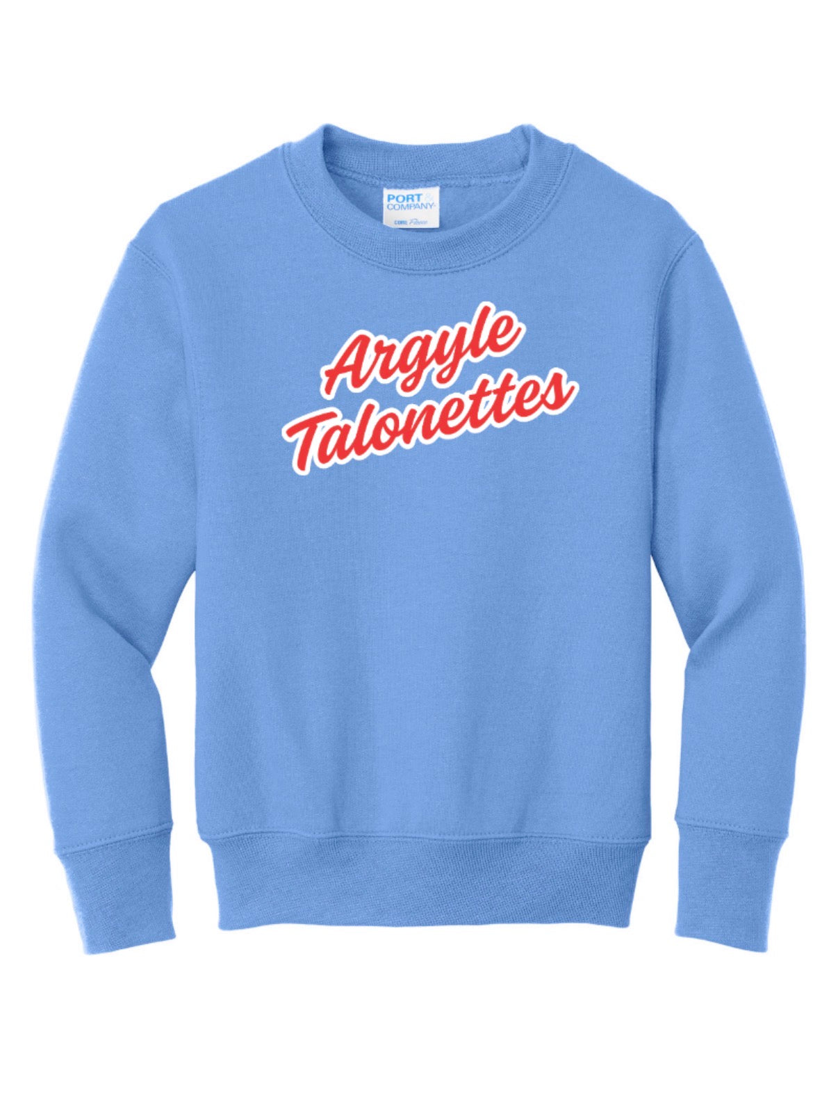 Talonettes CURSIVE Port&Co Core Fleece Crewneck Sweatshirt - YOUTH - Carolina Blue