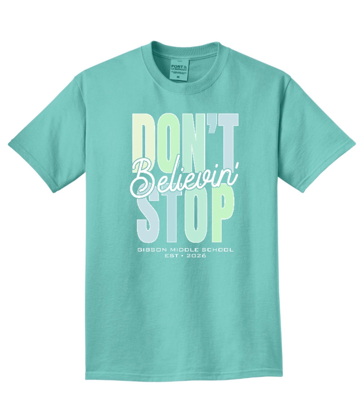 2026 Gibson Believin' in Green - Port&Co Beach Wash Short Sleeve Tee - YOUTH + ADULT - Cool Mint